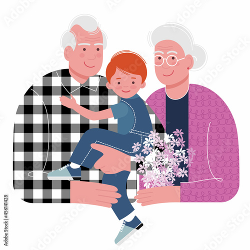grandfather and grandmother with a grandson and flowers