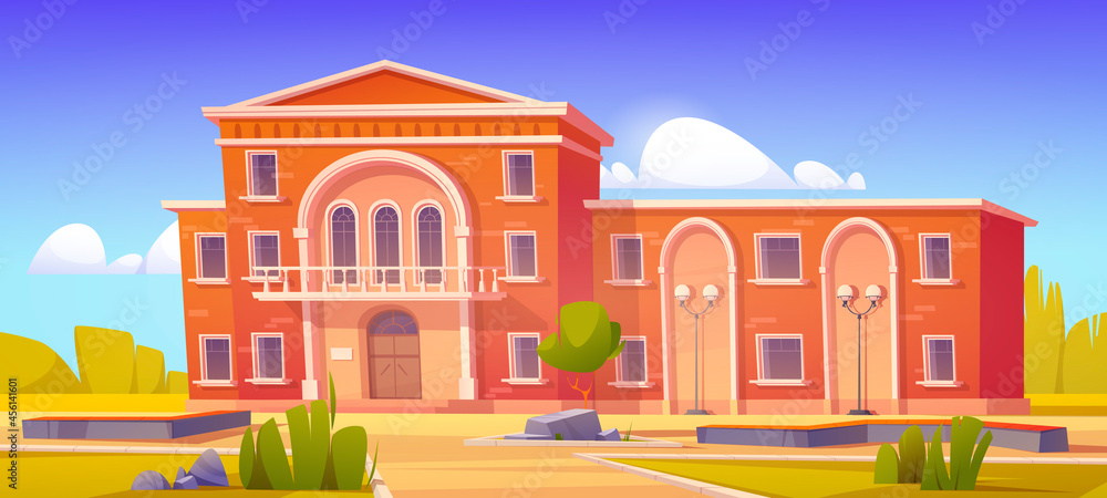 Building exterior of university, college, high school or public library. Vector cartoon illustration of summer landscape with government, museum, court or academy campus building