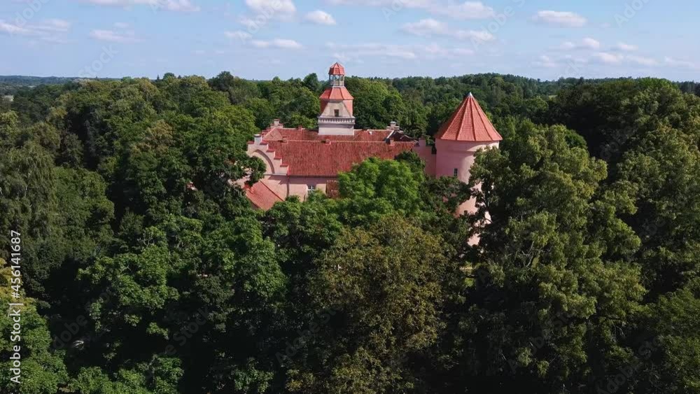 Aerial View of Edole Village, Edole Medieval Castle and Lake in Sunny Summer, Latvia, Courland (Kurzeme), Western Latvia. History, Architecture, Travel Destinations, National Landmark