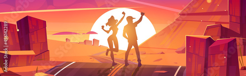 Tourists enjoy sunset, happy man and woman silhouettes on scenery rocky desert landscape rejoice on empty highway going into dusk sun. Travel adventure, freedom, journey cartoon vector illustration