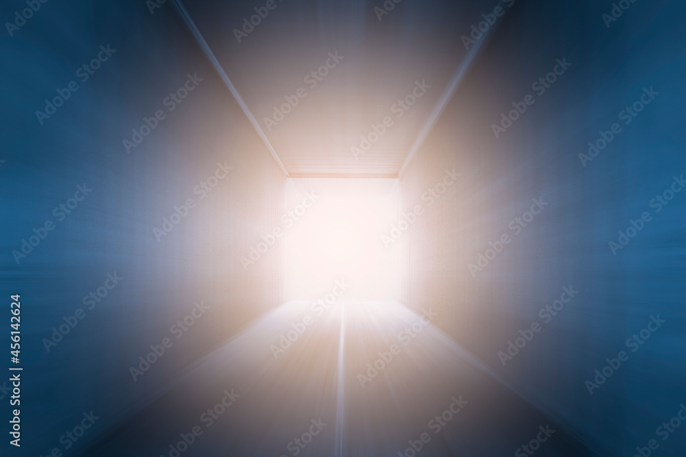 Abstract Blurred Background. Inside Empty Shipping Cargo Container with Sun Rays Light.