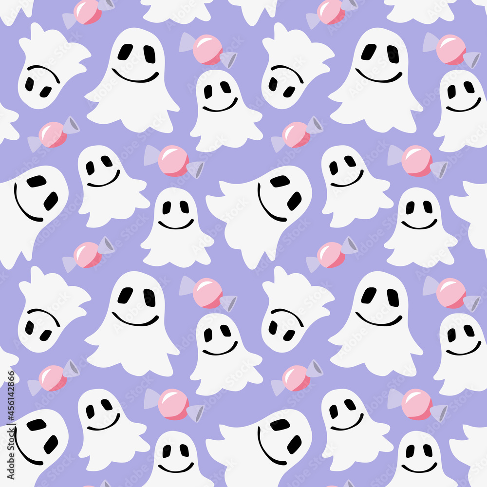 Cute girly ghost Halloween seamless pattern. Pink, white and lilac vector design for fabric or gift wrapping.