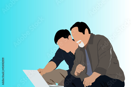 Vector illustration of senior father and adult son using computer laptop isolated cartoon vector illustration