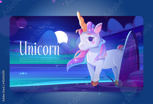 Cute unicorn at night ocean shore cartoon landing page, little baby pony with horn and rainbow mane stand on sea beach under dark starry sky with moon. Magic fantasy horse character Vector web banner