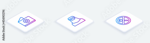 Set Isometric line Octagonal star, Muslim woman in niqab and Ramadan fasting. White square button. Vector