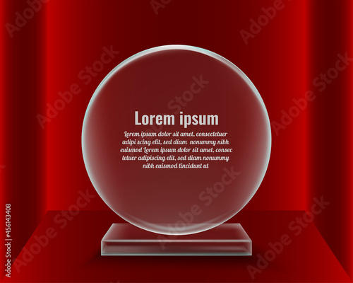 Realistic rounded glass plaque award, glass medal  isolated perspective gradient red color