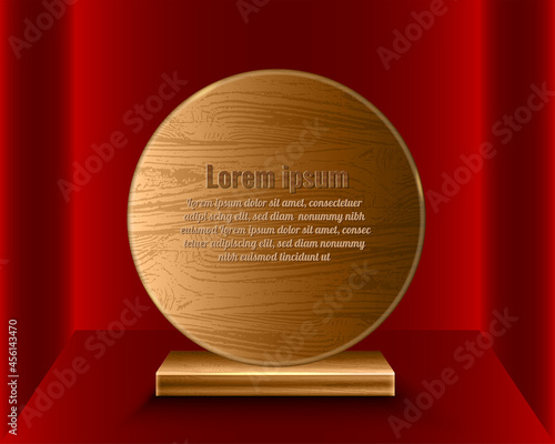 Realistic Rounded wooden plaque award, standing wooden medal  isolated perspective gradient red color
