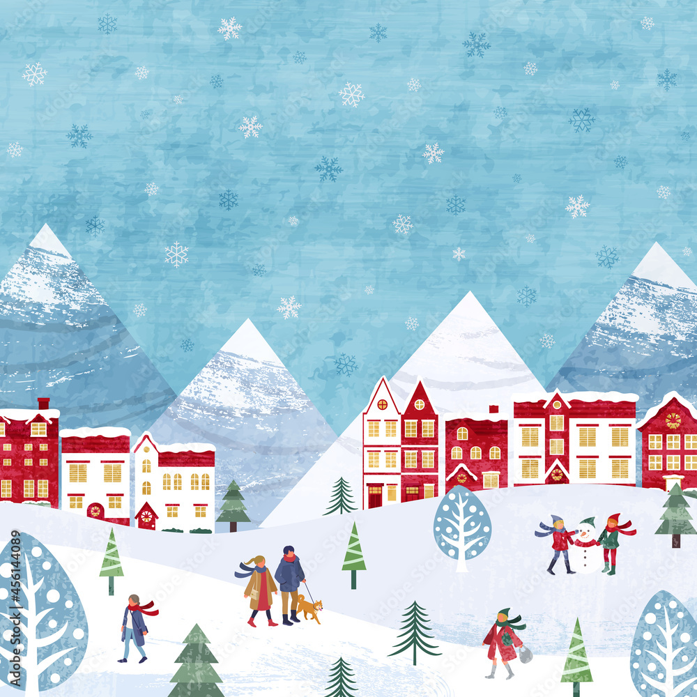 雪が降るクリスマスの街並みと人々の冬のベクターイラスト背景(christmas, Merrychristmas,冬)