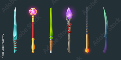 Set of magic wands, wizard or witch sticks with glowing gems, frozen ice crystal, pink glass star and green twisted rod. Rpg fantasy game assets, magician fairy tale staff, Cartoon vector illustration