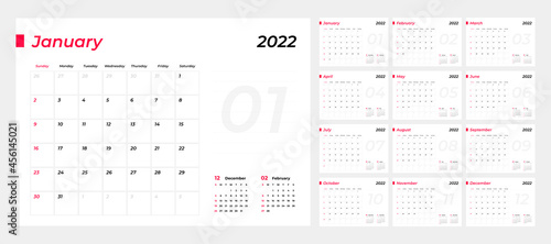Calendar 2022, 12 month in clean minimal table simple style. Calendar 2022 template. Calendar planning week.