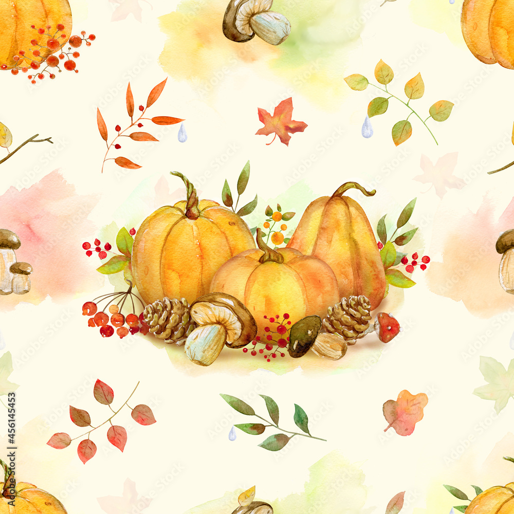 Autumn watercolor seamless pattern with pumpkins and autumn treasures on light yellow background. For Thanksgiving card or wrapping.