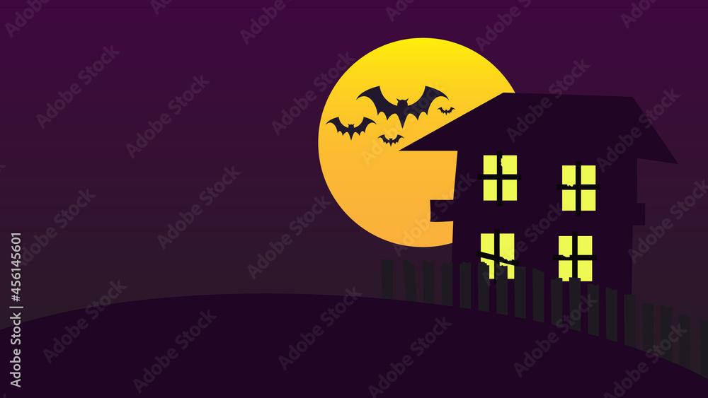 happy Halloween holiday party background with full moon and bats flying in night sky above haunted house on hills cartoon flat style with copy space 