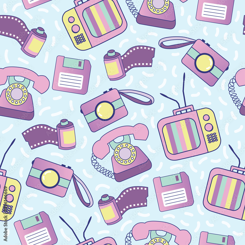 Retro tech gadgets pastel seamless pattern for fabric, linen, textiles and wallpaper