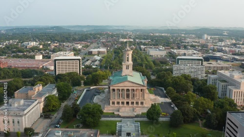Nashville, capital of TN. Capitol building. Aerial push in shot. photo