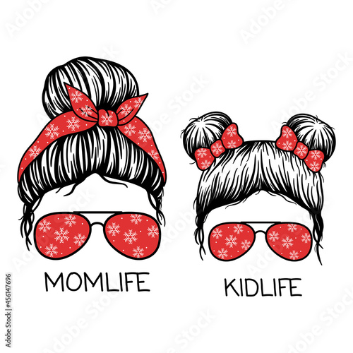 Christmas Mom. Woman face and girl face with aviator glasses, bandana and snowflakes  print. Messy Bun Mom Lifestyle. Messy Bun Girl Lifestyle. Vector illustration. 