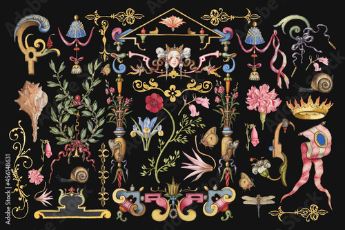 Antique Victorian decorative vector ornament objects set, remix from The Model Book of Calligraphy Joris Hoefnagel and Georg Bocskay