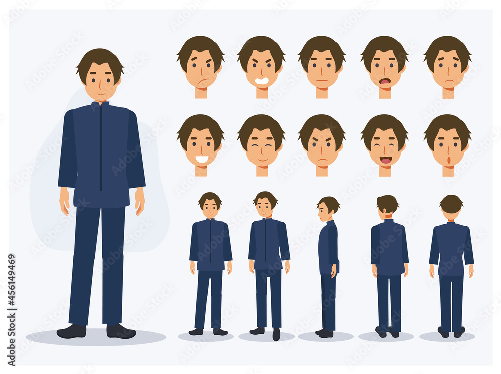 Set of Flat Vector Character Japanese student boy in uniform with various views, Cartoon style. Set of Flat Vector Character Japanese student boy in uniform with various views, Cartoon style.