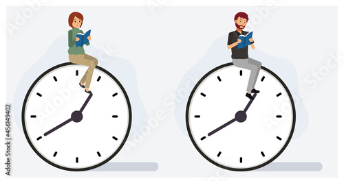 Set of man and woman reading a book on clock. free time concept.Flat vector 2D cartoon character illustration.
