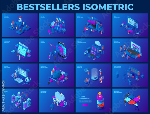 Dark isometric 3d bestsellers illustrations bundle. Online shopping, startup, investment, education and infographics with characters