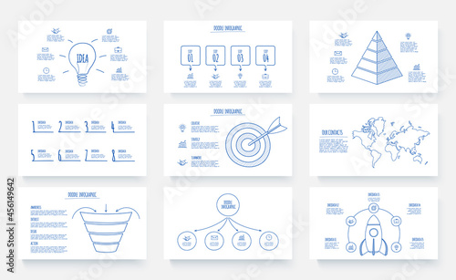 Doodle infographic set with funnel, rocket, map, pyramid, goal, circles and other abstract elements. Hand drawn icons. Thin line illustration