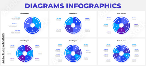 Set of cycle diagrams divided into 3, 4, 5, 6, 7 and 8 sectors. Infographic design template. Business data visualization