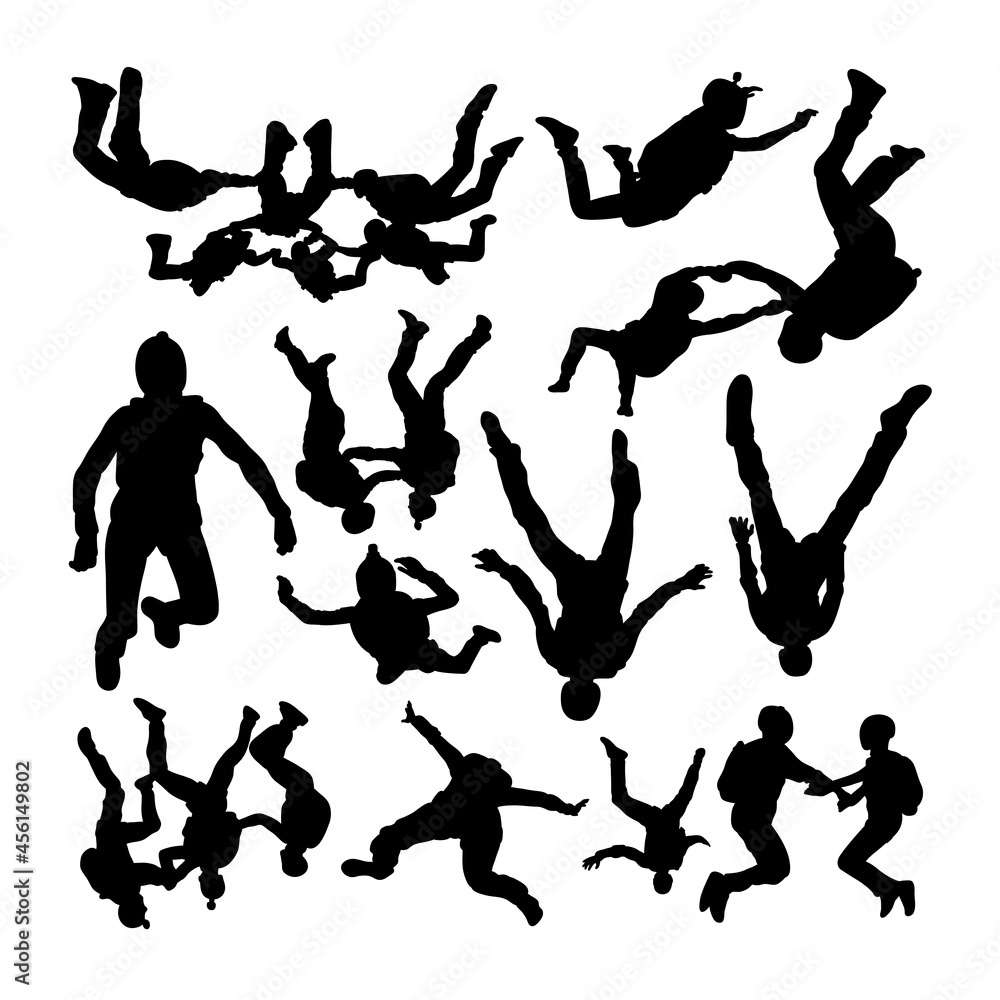 Skydiving silhouettes. Good use for symbol, logo, web icon, mascot, sign, or any design you want.	