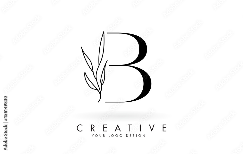 Fototapeta premium B letter logo design with elegant and slim leaves vector illustration.