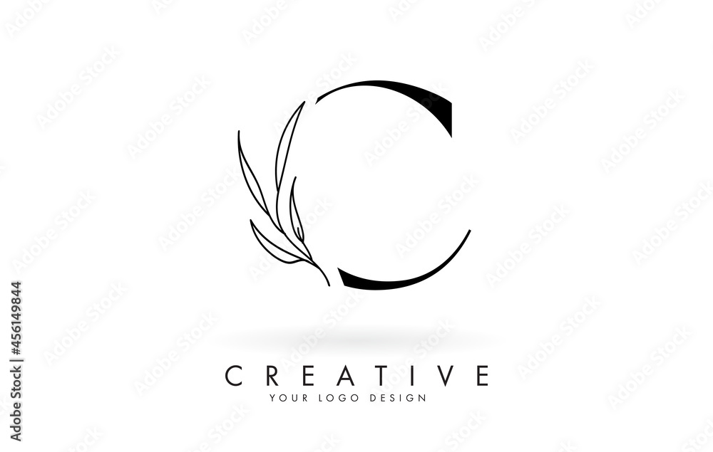 C letter logo design with elegant and slim leaves vector illustration.