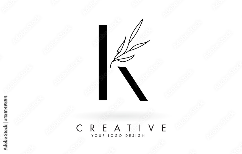 K letter logo design with elegant and slim leaves vector illustration.