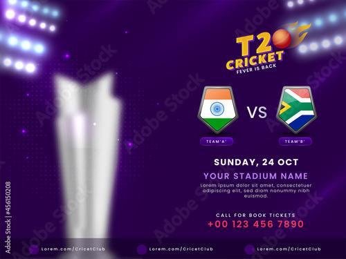 T20 Cricket Fever Is Back Poster Design With Silver Trophy Award And Participating Team Flag Shield Of India VS South Africa On Purple Background.