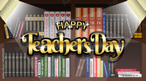 Happy teachers day background with gold text at library