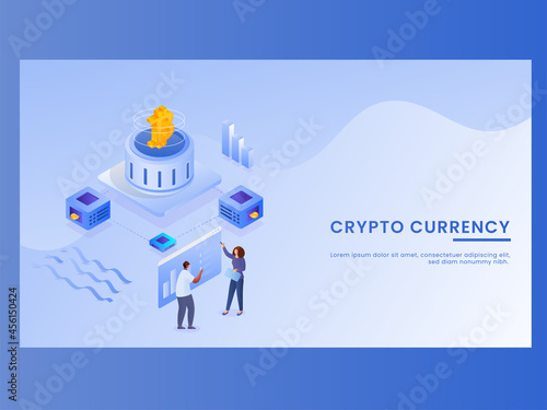 Crypto Currency Landing Page With 3D Bitcoin Server, Employees Maintain Data Or Website On Blue Background.