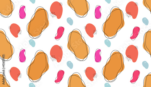 Trendy memphis seamless pattern with yellow, orange, blue abstract shapes on white background. Hipster abstract shapes. Vector hand drawn modern doodle. © RDVector