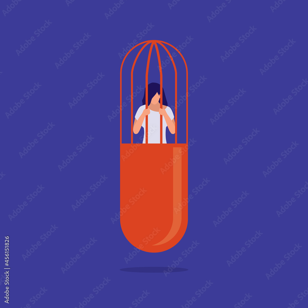 Drug Addiction Concept. Young Drug Addict Woman Trapped Inside A Prisoner Cage That Shaped Like A Pill Capsule. MDMA, Ecstasy, Molly Addiction. Drug Addiction Concept. Young Drug Addict Woman Trapped Inside A Prisoner Cage That Shaped Like A Pill Capsule. MDMA, Ecstasy, Molly Addiction.