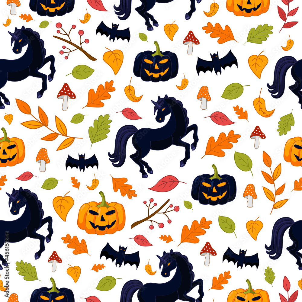 Fototapeta premium Seamless Halloween texture with black unicorns, fly agarics, pumpkins, bats and leaves