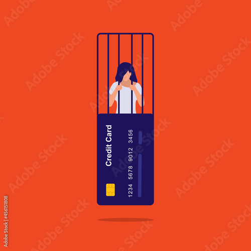 Credit Card Debt Concept. Young Broke Woman Trapped Inside A Prisoner Cage In Credit Card Design.