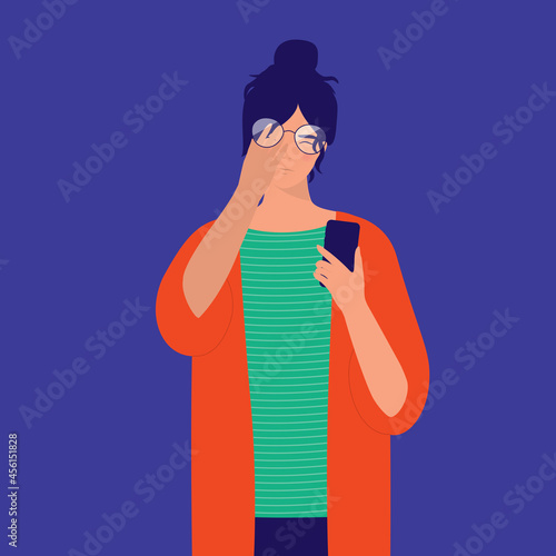 Young Woman With Eyeglasses Rubbing Her Dry Irritated Eyes After Long Hour Of Using Smartphone.