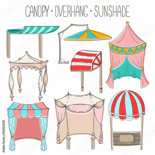 Set of vector outline images of awnings, gazebos, tents, awnings, sun shades and wedding canopies. Line art illustrations for printing advertisements, invitations, banners, logos.