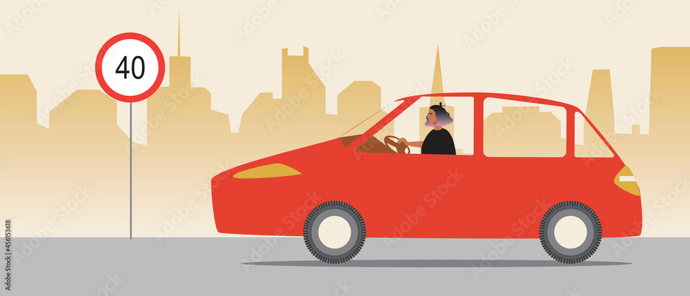 Naklejka premium Woman driver, speed 40, flat vector stock illustration with limited road speed and maximum driving speed