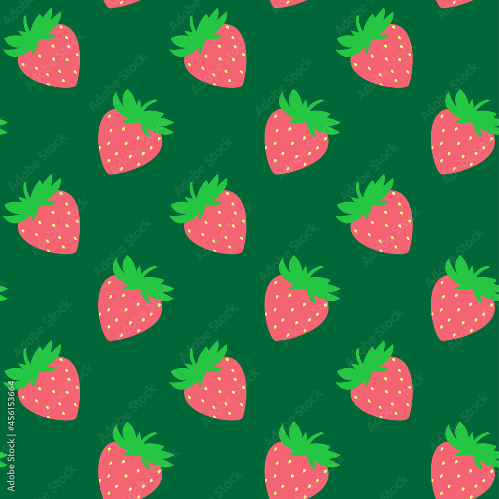 Seamless pattern with red strawberries on green board. Tasty berry, sweet food illustration. Summer theme. Beautiful print for textile, greeting cards, wrapping paper, decor and design Seamless pattern with red strawberries on green board. Tasty berry, sweet food illustration. Summer theme. Beautiful print for textile, greeting cards, wrapping paper, decor and design