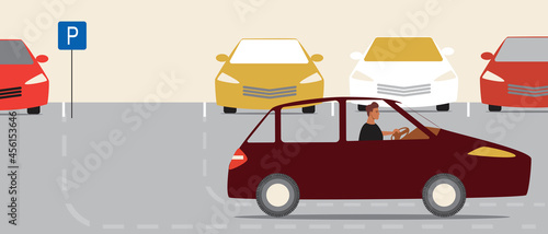Young man driver driving away, free parking lot, flat vector stock illustration with parking lot for car and parking markings