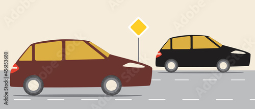 Car on Main Road, Flat Vector Stock Illustration with Traffic Sign and Priority of Car Traffic as a Safety Concept