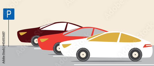 Cars in a parking lot, road sign, flat vector stock illustration with asphalt and road markings