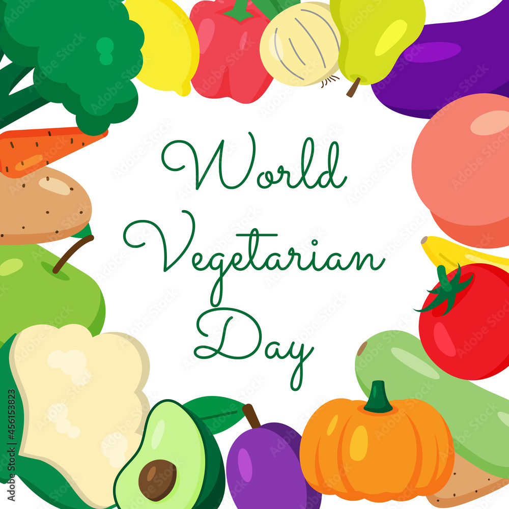 World vegetarian day, greeting card with typography and different fruits and vegetables. Vegetarian poster. Frame with vegan food elements. Vector illustration in cartoon flat style