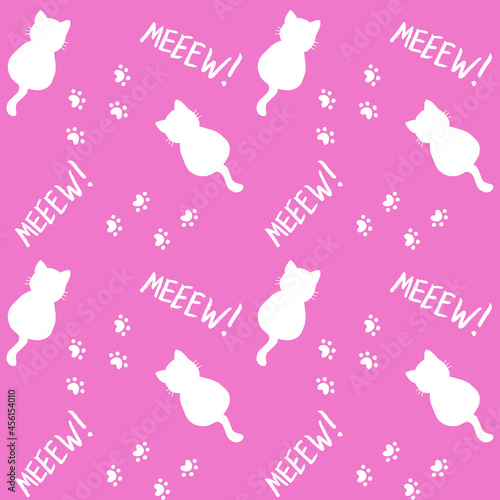 Cute seamless pattern with cats, steps and mew quote. Pink and white colors. Doodle cartoon style. Modern abstract design for packaging, paper, cover, fabric, cards, textile. Vector illustration