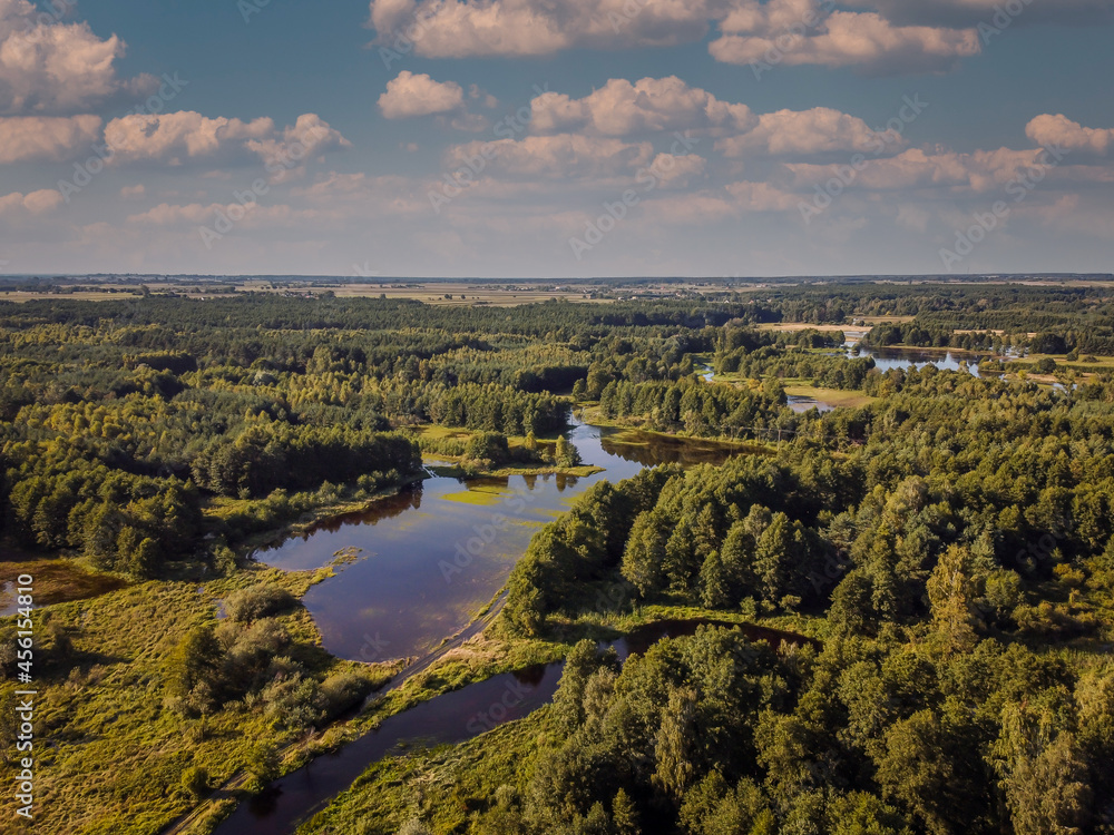 Flight over the small river in the center of Poland. 