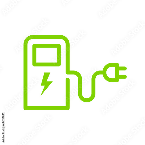 Green eco electric fuel pump icon, Charging point station for hybrid, Linear design, Isolated on white background, Vector illustration