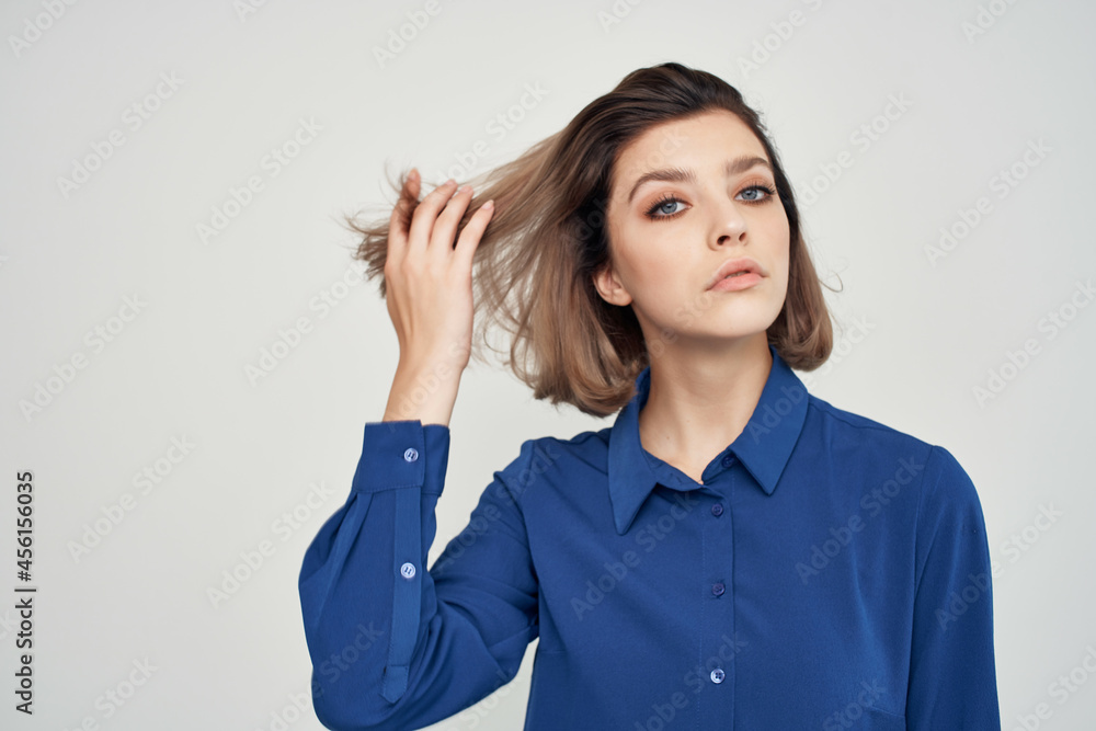 Business woman in blue shirt moda Studio isolated background Business woman in blue shirt moda Studio isolated background