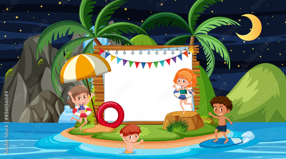 Naklejka premium Kids on vacation at the beach night scene with an empty banner template.