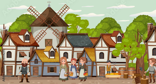 Medieval town scene with villagers